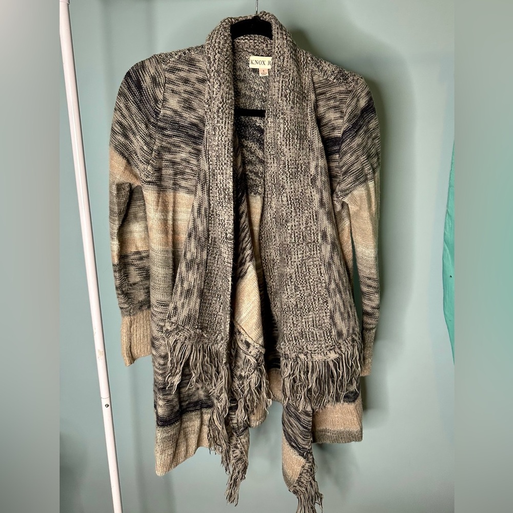 Knox Rose Boho Fringe Open Front Draped Cardigan Sweater Small